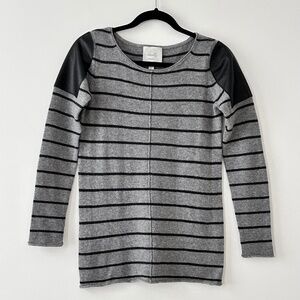 Woolly Minded Wool Cashmere Gray Striped Leather Shoulder Patch Crewneck Sweater
